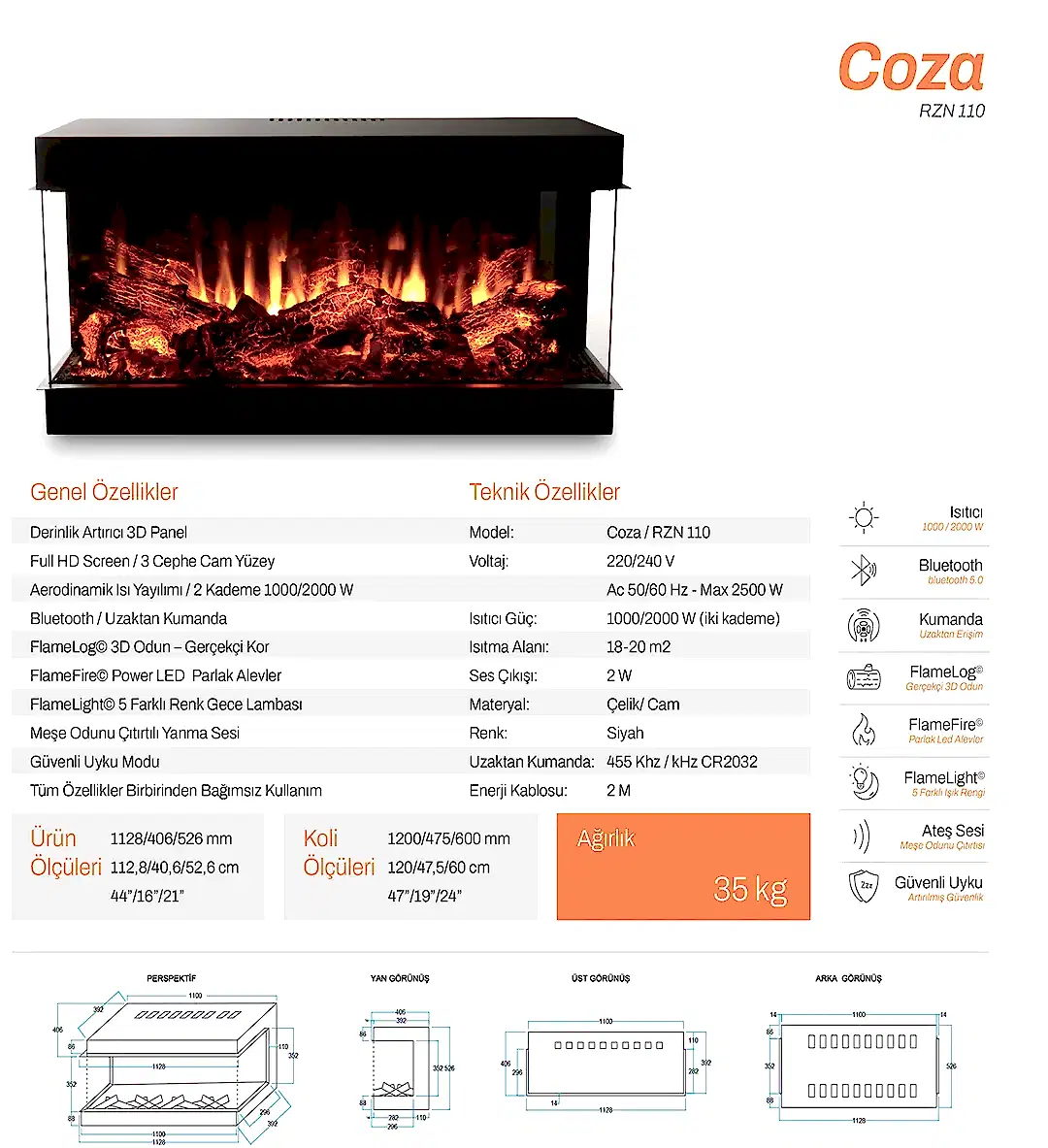 COZA: Huzurun ve Sıcaklığın Yeni Adı COZA, 3 cepheli cam tasarımıyla yaşam alanlarınıza zarafet katarken, size huzurlu bir atmosfer sunar. Gerçek meşe odununun yanma sesi ve 3 boyutlu FlameLog odunları sayesinde, iç dünyanızda sakin ve rahatlatıcı bir yolculuğa çıkarsınız. Hayatın koşuşturmasından uzaklaşıp, dinginliğin tadını çıkarmak istediğiniz anlarda COZA, size özel bir kaçış noktası yaratır. Ayrıca, mekanlarınıza uyum sağlayan isteğe bağlı “L” yüzey seçeneği ile COZA, her türlü yaşam alanına şıklık ve fonksiyonellik getirir.